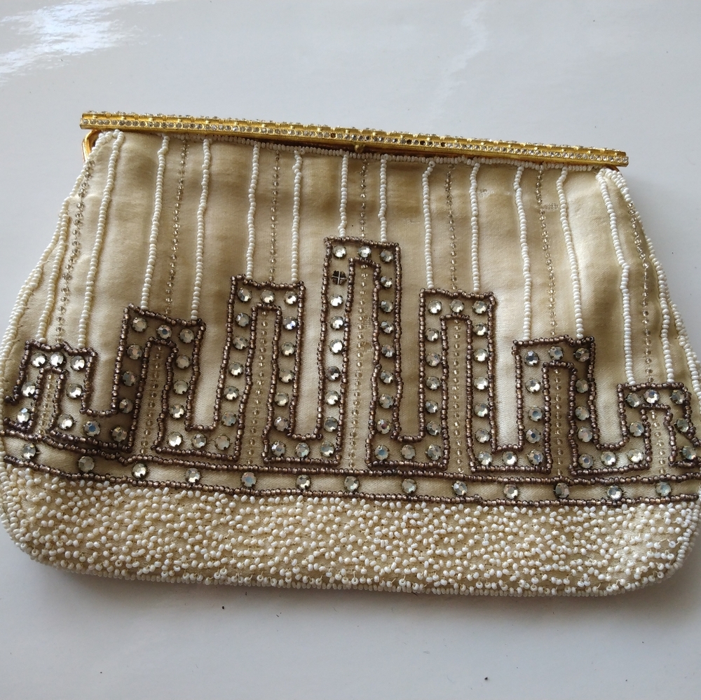 Art Deco Pearls Cream/White Sequins Evening Purse Clutch Vintage Antique Fashion